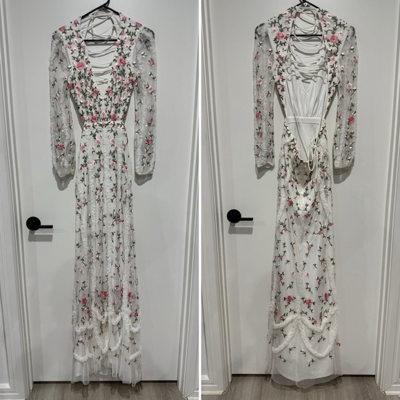 Mac Duggal Lace-Up Back Embroidered Long Illusion Sleeve Sheath Gown - 0 - Picture 3 of 4